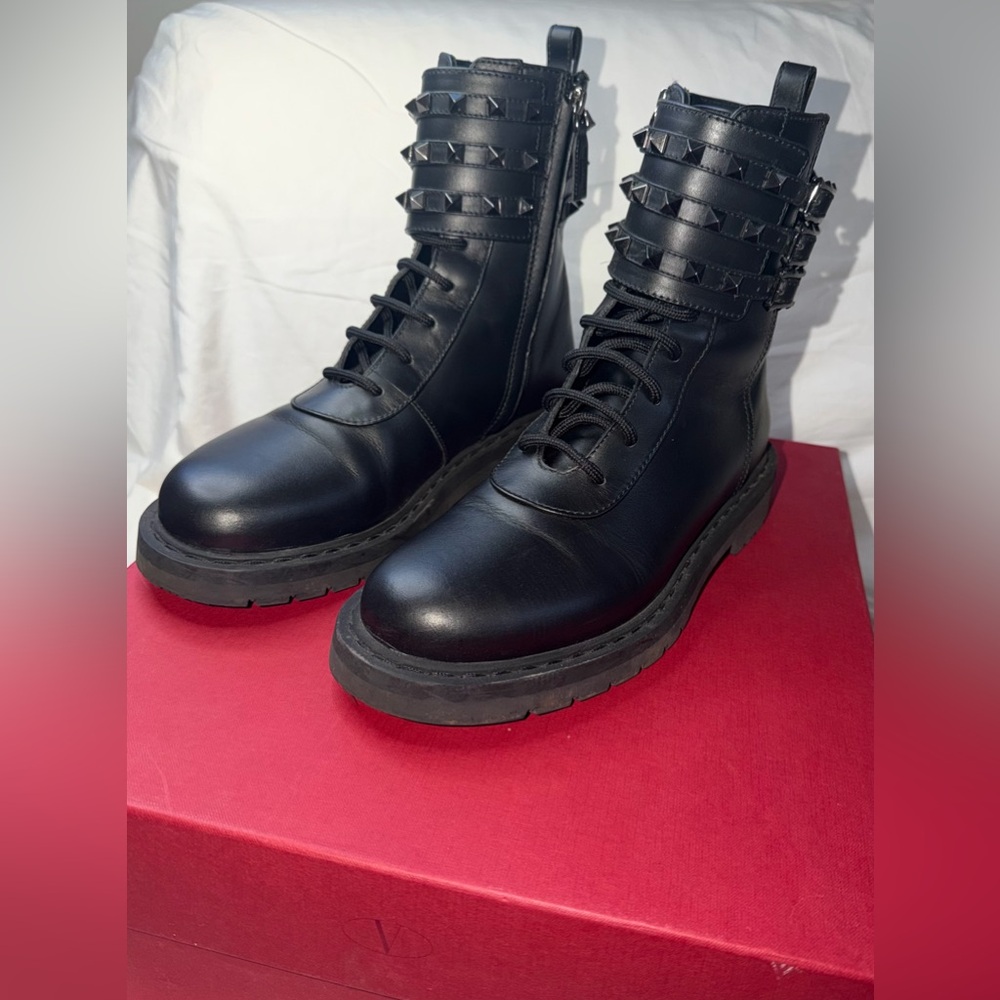 Valentino Rockstud Black Leather Moto Boot Size 38.5 Orig. $1275